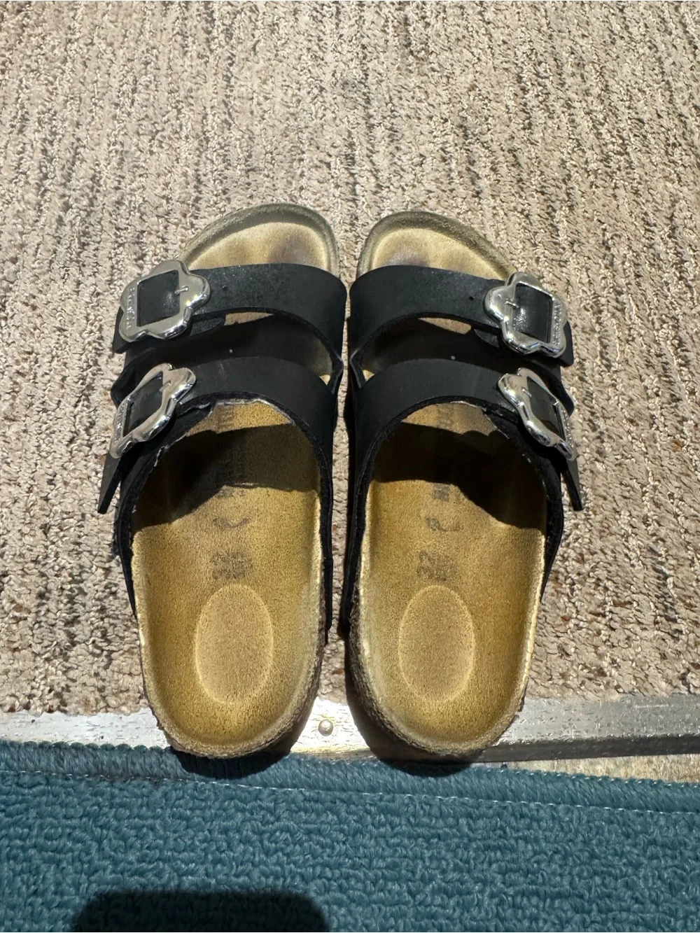 Birkenstock Kids Black Double-Strap Slide Sandals with Flower Buckles